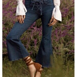 F25 Big 12" bell bottom major stretchy rich blue denim fake drawstring side zip